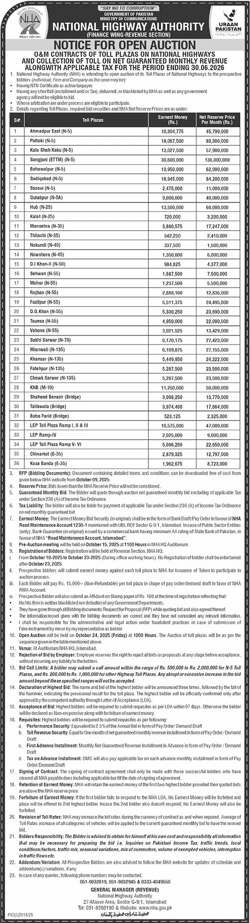National Highway Authority Islamabad Tender Notice